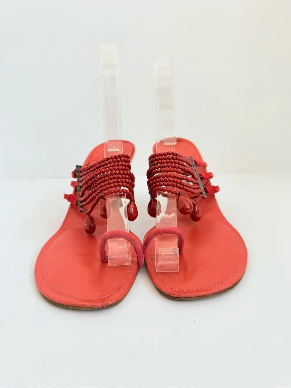 Rare Vintage Manolo Blahnik Red Beaded Toe Loop Heeled Sandals Y2K 40